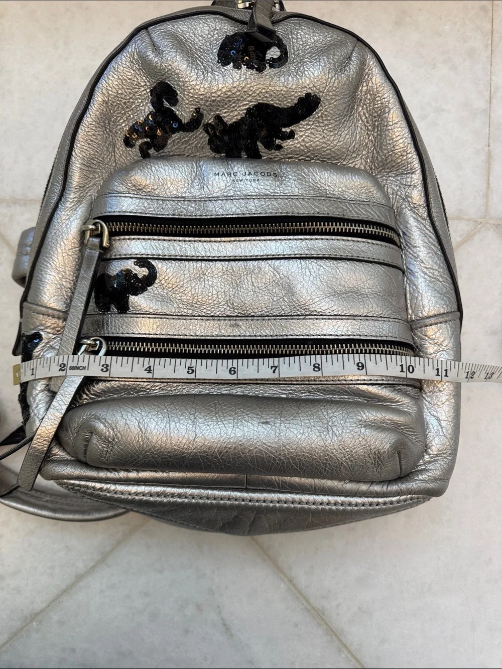 Marc Jacobs Silver Metallic Mini Backpack with Black Embellishment